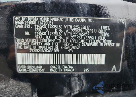 2012 Toyota Rav4 Limited z USA, uszkodzony, nr VIN 2T3DK4DVXCW091691